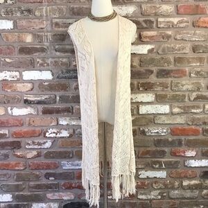 JEANNE PIERRE Cream Crochet Knit Cotton Fringe Hippie Duster Vest L